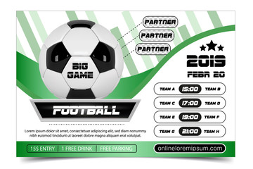 Soccer Poster design. Football Ball flyer concept. Design For Sport Bar ticket sale sport promotion. Tournament, Championship Flyer Design. Vector Soccer Sport Club, Academy Flyer or Invitation.