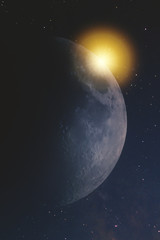 close-up of the moon in the infinite space of the universe against the stars of the milky way with a reflection of the sun and sunlight
