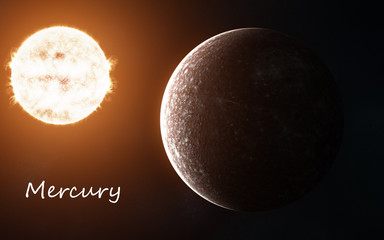 Mercury against background of Sun. Solar system. Abstract science fiction. Elements of the image are furnished by NASA