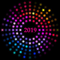 Vector style design of a single radial burst of New Year 2019 designed with stars in flat rainbow colors on a black isolated background
