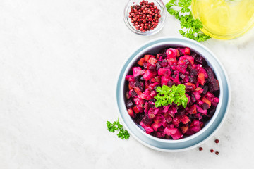 Vegetarian beetroot vinaigrette salad. Top view, space for text.