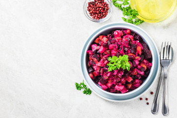 Vegetarian beetroot vinaigrette salad. Top view, space for text.