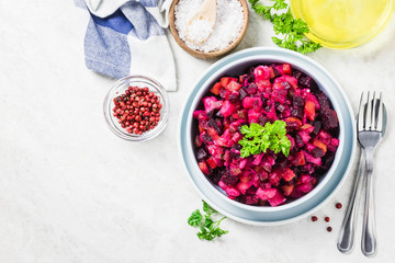 Vegetarian beetroot vinaigrette salad. Top view, space for text.