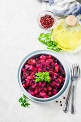 Vegetarian beetroot vinaigrette salad. Top view, space for text.
