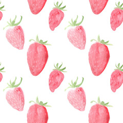 Watercolor seamless pattern with strawberries. Hand drawn design, pink background, summer fruit illustration. For the design of invitations, greeting cards, wallpapers, banners, web, print
