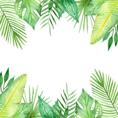 Fototapeta na wymiar Watercolor frame of colorful tropical leaves. Concept of the jungle for the design of invitations, greeting cards, wallpapers, banners, web