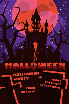 Halloween background with semetery and sceleton, haunted castle, house and full moon. Poster, flyer or invitation template for Halloween party. Retro, vector illustration.