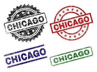 CHICAGO seal prints with distress texture. Black, green,red,blue vector rubber prints of CHICAGO caption with scratched texture. Rubber seals with circle, rectangle, medallion shapes.