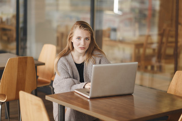 Fototapeta na wymiar woman working with laptop in cafe