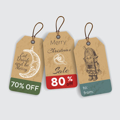 Christmas gift tags with hand drawing elements. Vector illustration sketch Holidays.