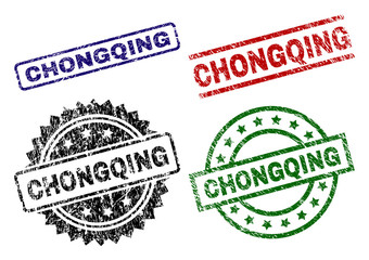 CHONGQING seal stamps with corroded texture. Black, green,red,blue vector rubber prints of CHONGQING caption with corroded texture. Rubber seals with round, rectangle, rosette shapes.