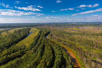 Fototapeta na wymiar Vasyugan swamp from aerial view. The biggest swamp in the World. Taiga forest. Oil and peat deposits. Tomsk region, Siberia, Russia