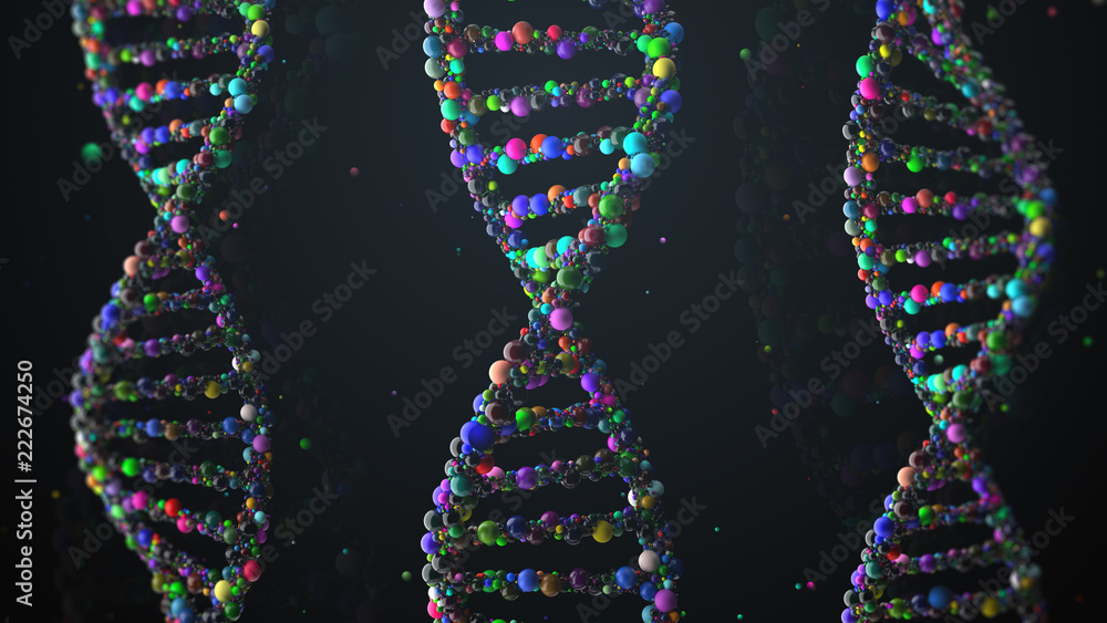 Poster 3d render abstract dna strand made of spheres. complex gene concept made of glossy simple primitives