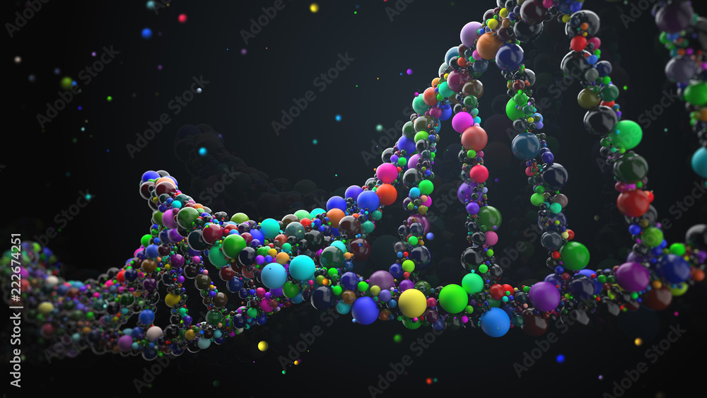 Poster 3d render abstract dna strand made of spheres. complex gene concept made of glossy simple primitives