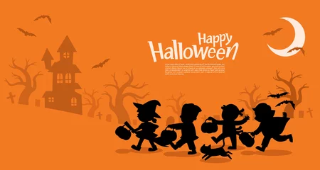Foto op Plexiglas Happy Halloween. Children dressed in Halloween fancy dress to go Trick or Treating.Template for advertising brochure. © yatate
