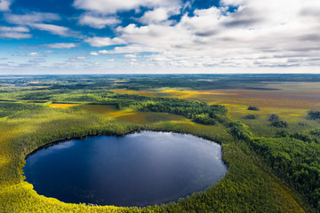 Vasyugan swamp from aerial view. The biggest swamp in the World. Taiga forest. Oil and peat deposits. Tomsk region, Siberia, Russia