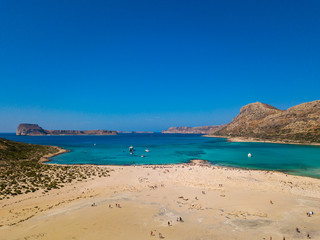 A unique beach in the protected area of Balos Beach. Aerial view from drone. Crete. Greece.