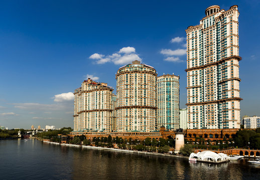 High-rise residential complex "Scarlet Sails" on the banks of the Moscow river, Moscow, Russia.