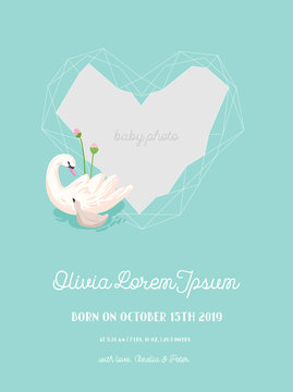 Baby Arrival Announcement with Illustration of Beautiful Swan and Geometry photo frame, Greetings or Invitation Card, Geometric Floral Frame in vector