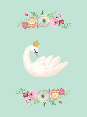 Naklejka premium Illustration of Beautiful Swan with place for Baby Name for Poster Print, Baby Greetings, Invitation, Children Store Flyer, Brochure, Book Cover in vector