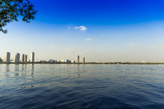 Strogino district of Moscow, Russia. Moskva River.