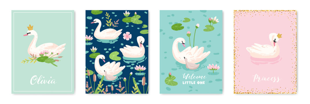 Collection of Beautiful Swans Posters for Design Print, Baby Greetings, Arrival Cards, Invitation, Children Store Flyer, Brochure, Cover in vector