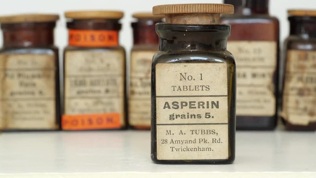 Antique aspirin bottle dating from the early 20th century.. Aspirin was first launched in 1899  and remains one of the worlds most popular analgesics.