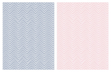 Set of Seamless Cute Chevron Patterns. White Zig Zag Shape a Light Pink and Pale Blue Background. Funny Irregular Design. Infantile Style.