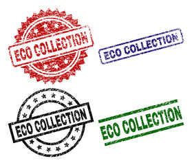 ECO COLLECTION seal prints with corroded texture. Black, green,red,blue vector rubber prints of ECO COLLECTION caption with scratched texture. Rubber seals with round, rectangle, medallion shapes.