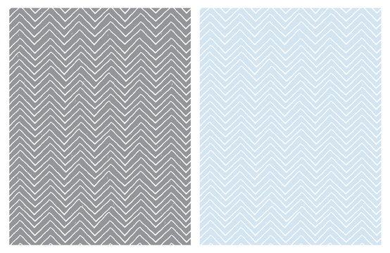 Set of Seamless Cute Chevron Patterns. White Zig Zag Shape a Gray ad Light Blue Background.  Funny Irregular Design. Infantile Style.