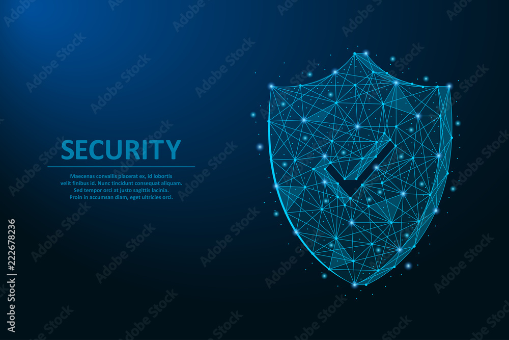 Poster security shield. safety concept made by points and lines, polygonal wireframe mesh on night sky, dar