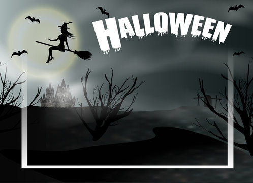 Halloween background with flying young witch and full moon. Fantasy night panoramic view with frame. Vector illustration.