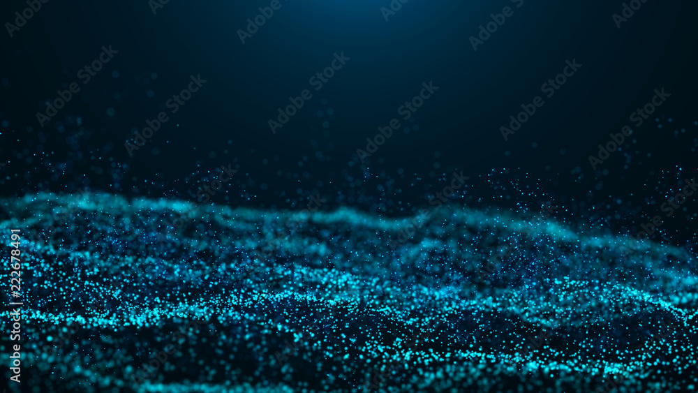 Leinwandbilder Wave of particles. Futuristic blue dots background with a dynamic wave. Big data. 3d rendering.