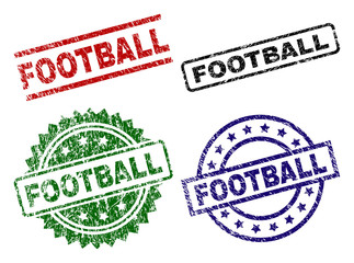 FOOTBALL seal prints with distress surface. Black, green,red,blue vector rubber prints of FOOTBALL tag with retro surface. Rubber seals with circle, rectangle, medal shapes.