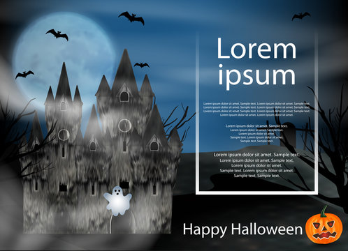 Halloween background with castle, ghost, bats to background full moon and pumpkin. Vector illustration.