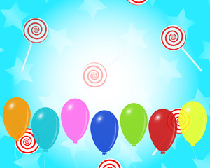 Party design with colorful balloons, lollipops, stars, on turquoise and white gradient background. Empty space   for the text.