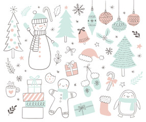Christmas and holidays set of vector illustrations in doodle scandinavian style. Winter illustrations.