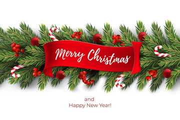 Holiday's Background for Merry Christmas greeting card with a realistic garland of pine tree branches, decorated with Christmas balls, Candy Canes, red berries