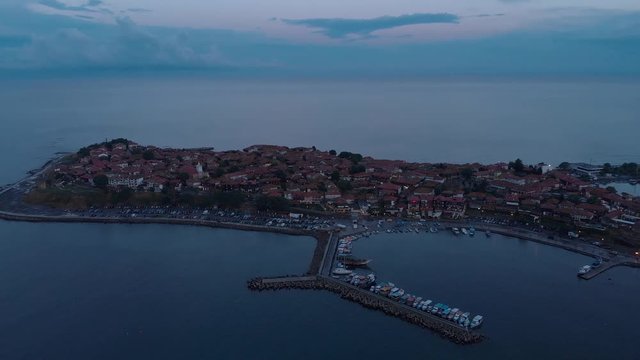 Nessebar, the ancient city on the Black Sea coast of Bulgaria. Panoramic aerial video