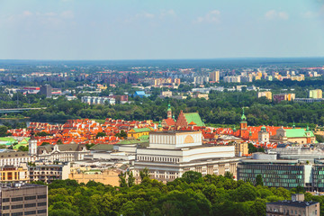 Fototapeta na wymiar Aerial view of the Warsaw skyline buildings including Warsaw old town area