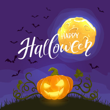 Happy Halloween and Pumpkin on Night Background with Moon and Bats