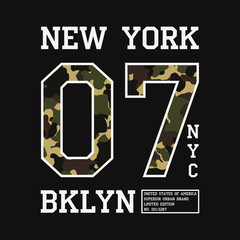 Graphic design for t-shirt with camouflage texture. New York tee shirt print with slogan. Brooklyn apparel typography with number in military and army style. Vector illustration.