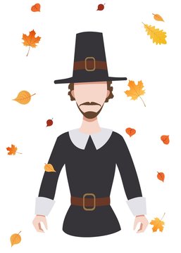 Pilgrim on the background of falling leaves, Thanksgiving Day