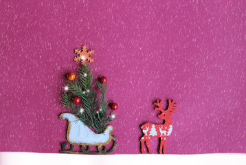 Christmas and New Year card /  figures of deers, snowflakes,christmas tree,sledge,bullfinches