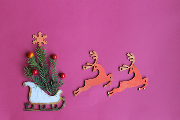 Christmas and New Year card /  figures of deers, snowflakes,christmas tree,sledge,bullfinches