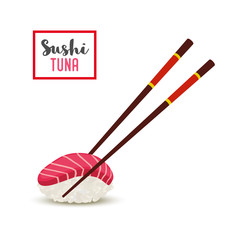 Vector sushi with chopsticks - red tuna fillet, rice