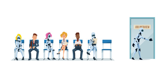 Job Interview Recruiting and Robots. Vector.