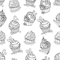Pattern of vector illustrations on the Christmas sweets theme; set of different kinds of cupcakes decorated with Christmas candies, fruits and nuts. Pictures are depicted as dark sketches.
