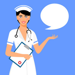 Beautiful female nurse is holding clipboard and showing document. Portrait of young nurse or medic with clipboard and stethoscope isolated on blue background