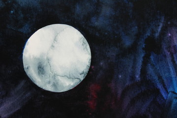 Full moon background in night sky design in watercolor